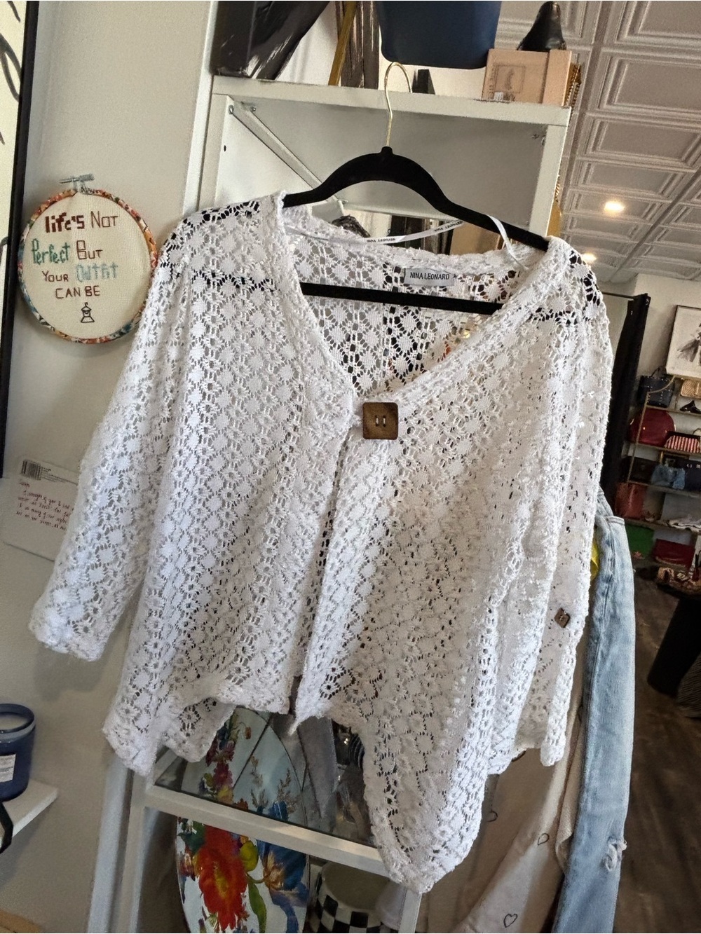 Nina Leonard White Crochet Openwork Cardigan with Wooden Button